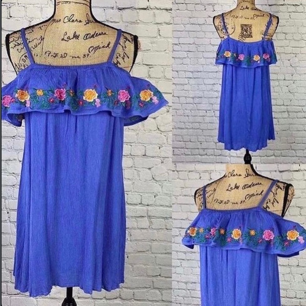 Wonderland Crinkly Cold Shoulder Embroidered Ruffle Dress